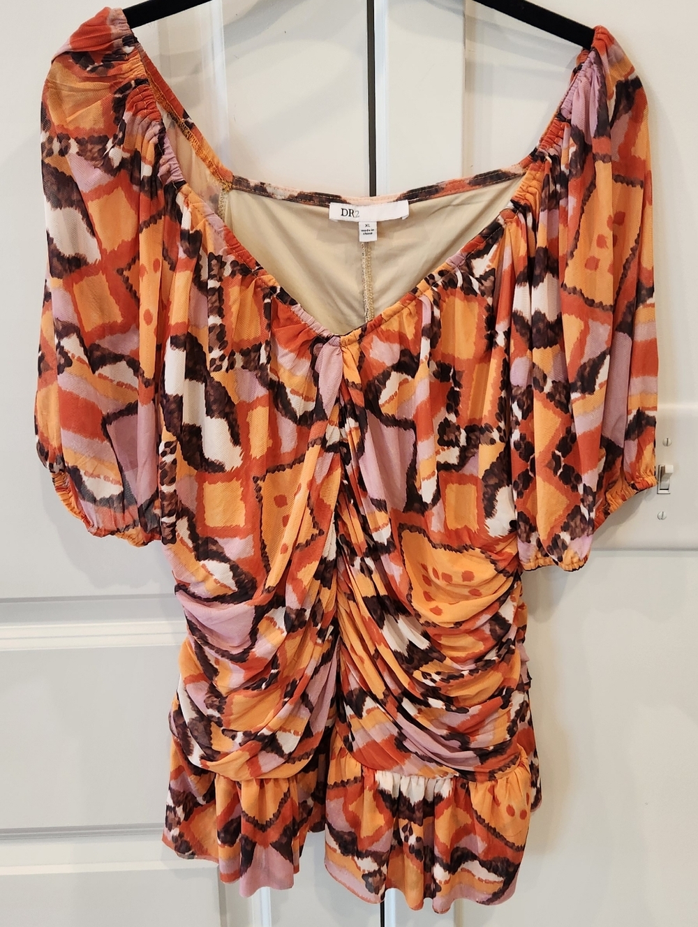 DR2 Orange Pink Printed Ruched Women's Blouse